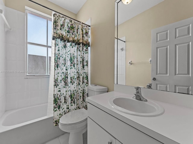full bath with vanity, tile patterned flooring, shower / bath combination with curtain, and toilet
