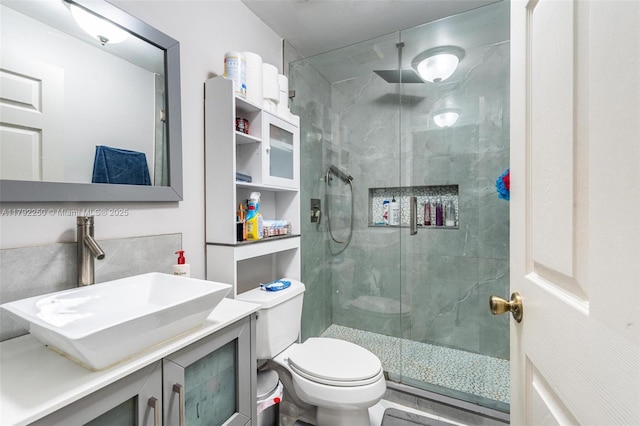 bathroom featuring vanity, toilet, and a shower stall