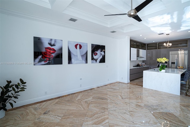 260 NE Wavecrest Ct, Boca Raton, FL 33432 - unfurnished living room with coffered ceiling, a chandelier, crown molding, beam ceiling, and a ceiling fan