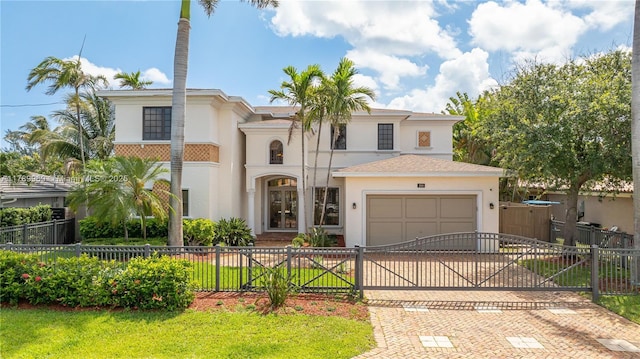 260 NE Wavecrest Ct, Boca Raton, FL 33432 - mediterranean / spanish house with decorative driveway, stucco siding, an attached garage, and a fenced front yard