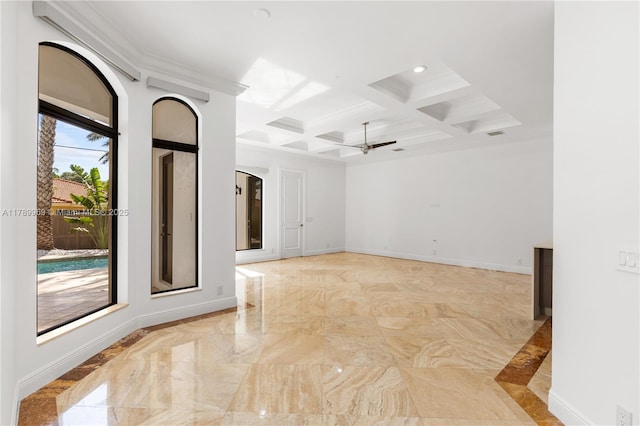 260 NE Wavecrest Ct, Boca Raton, FL 33432 - spare room with coffered ceiling, light marble finish flooring, ceiling fan, beam ceiling, and recessed lighting