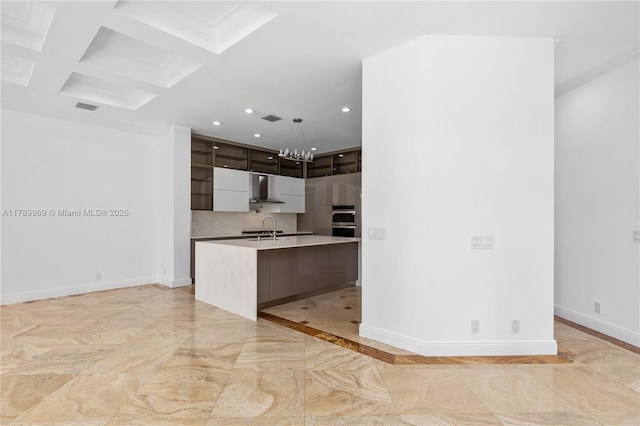 260 NE Wavecrest Ct, Boca Raton, FL 33432 - kitchen with wall chimney range hood, recessed lighting, dark brown cabinets, light countertops, and double oven