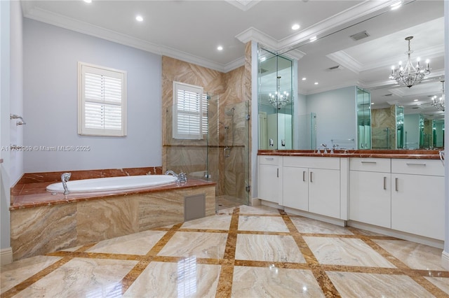 260 NE Wavecrest Ct, Boca Raton, FL 33432 - bathroom with visible vents, a bath, a chandelier, and a shower stall