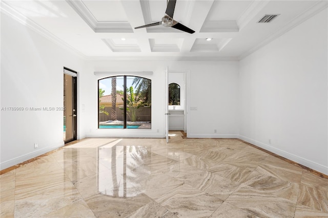 260 NE Wavecrest Ct, Boca Raton, FL 33432 - empty room featuring ceiling fan, ornamental molding, coffered ceiling, and beamed ceiling
