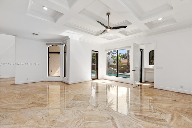260 NE Wavecrest Ct, Boca Raton, FL 33432 - empty room with marble tiled flooring, ceiling fan, coffered ceiling, beam ceiling, and recessed lighting
