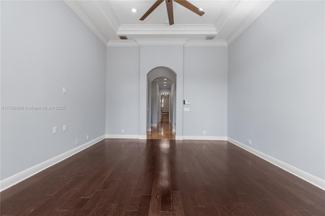 260 NE Wavecrest Ct, Boca Raton, FL 33432 - spare room with arched walkways, ceiling fan, wood finished floors, crown molding, and a raised ceiling