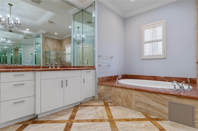 260 NE Wavecrest Ct, Boca Raton, FL 33432 - full bathroom with a chandelier, vanity, plenty of natural light, a garden tub, and crown molding
