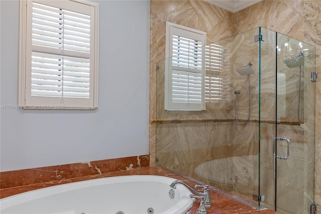 260 NE Wavecrest Ct, Boca Raton, FL 33432 - bathroom with a stall shower, a tub with jets, and crown molding