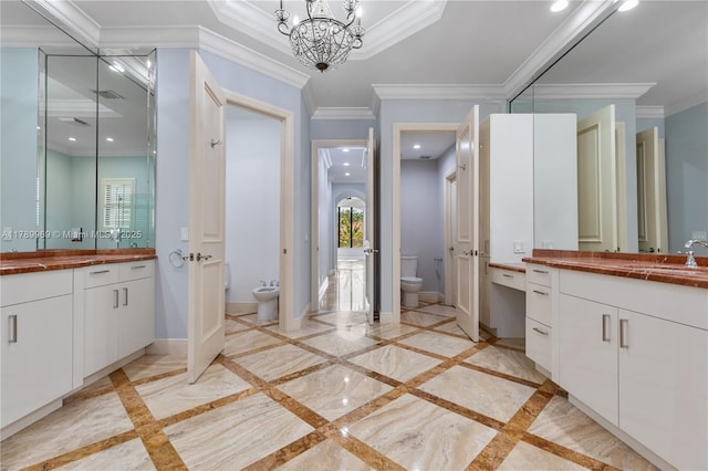 260 NE Wavecrest Ct, Boca Raton, FL 33432 - full bathroom featuring inlaid floor details, a bidet, two vanities, recessed lighting, and ornamental molding