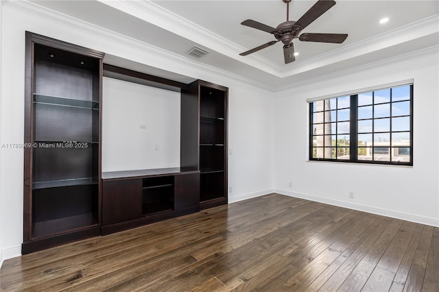 260 NE Wavecrest Ct, Boca Raton, FL 33432 - unfurnished bedroom with dark wood-type flooring, ornamental molding, a tray ceiling, and a ceiling fan