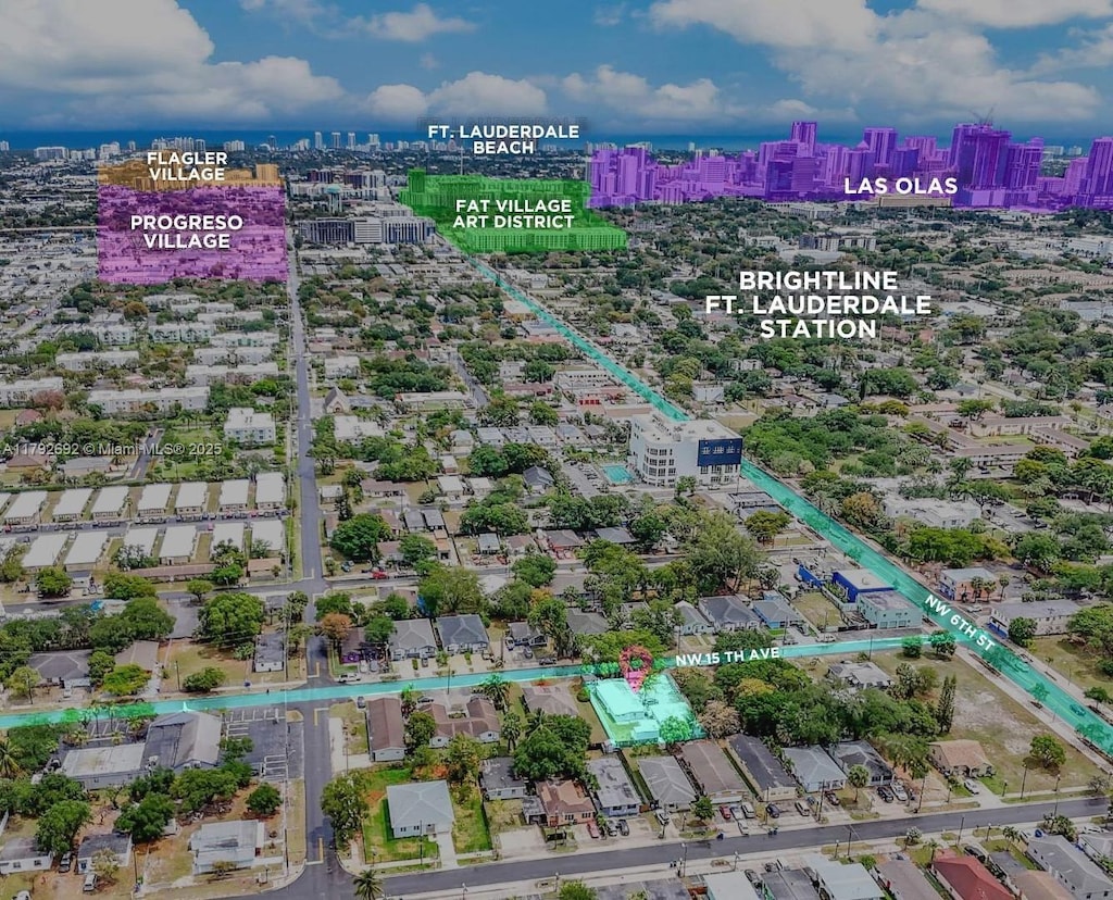 birds eye view of property with a city view