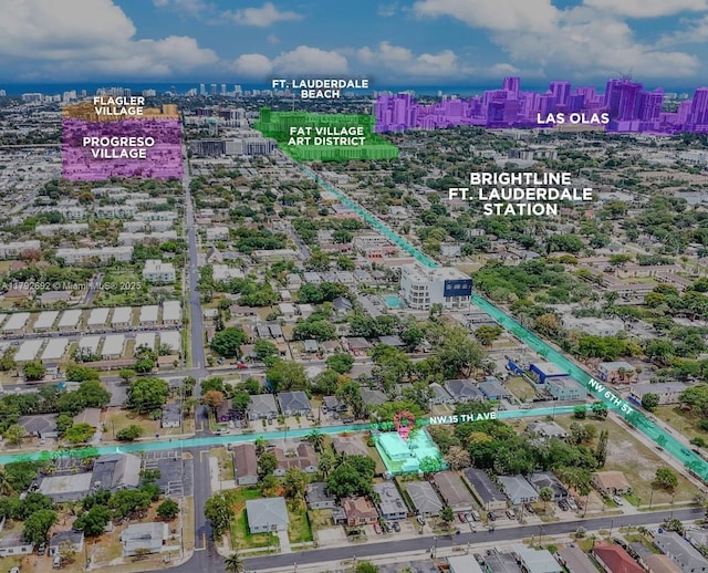 birds eye view of property with a city view
