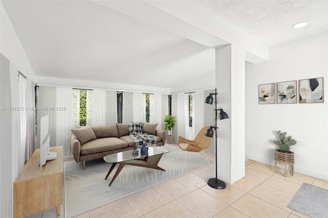 6451 Coolidge St, Hollywood, FL 33024 - tiled living room featuring a textured ceiling and lofted ceiling