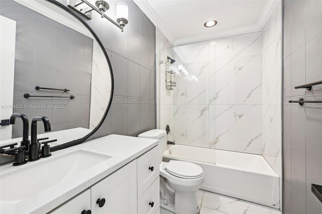 6451 Coolidge St, Hollywood, FL 33024 - bathroom featuring vanity, ornamental molding, marble finish floor, shower / bathtub combination, and toilet