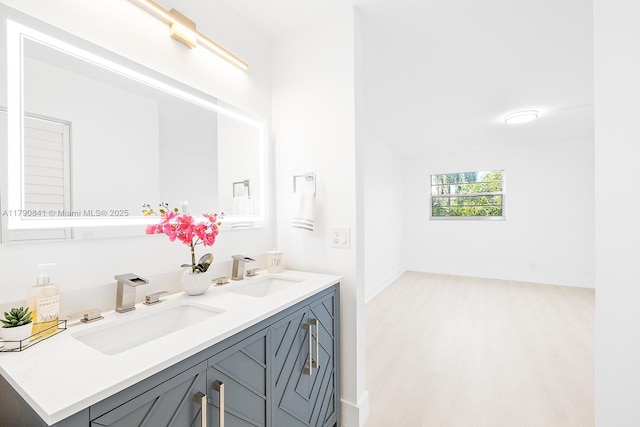 bathroom with double vanity, baseboards, a sink, and wood finished floors