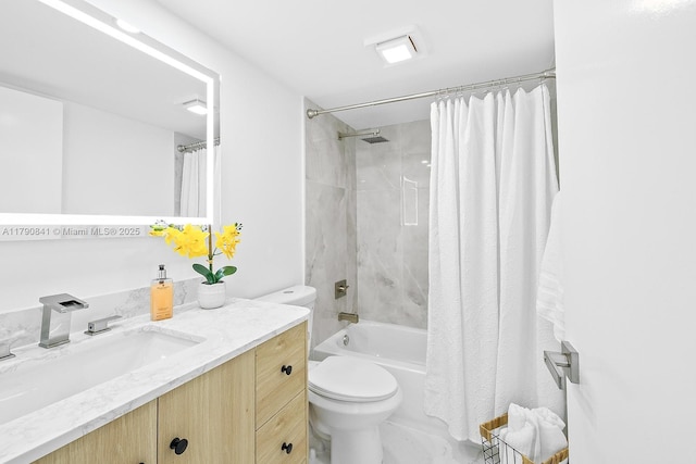 full bath with vanity, toilet, and shower / tub combo with curtain