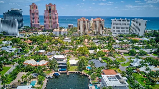 aerial view featuring a water view and a city view