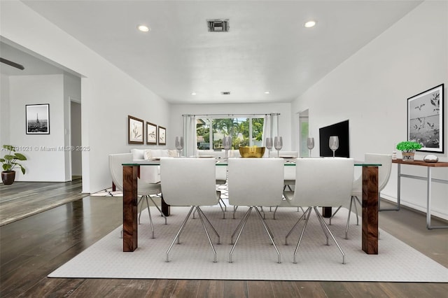 dining room with recessed lighting, wood finished floors, and visible vents