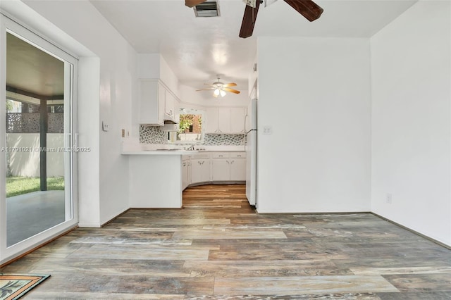 kitchen with a ceiling fan, wood finished floors, and visible vents
