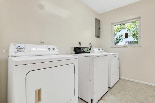 laundry room featuring laundry area, washer and clothes dryer, baseboards, and electric panel