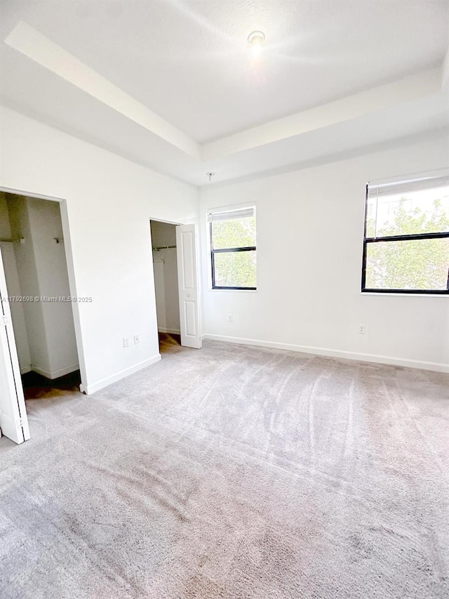unfurnished bedroom featuring baseboards, light carpet, and a raised ceiling