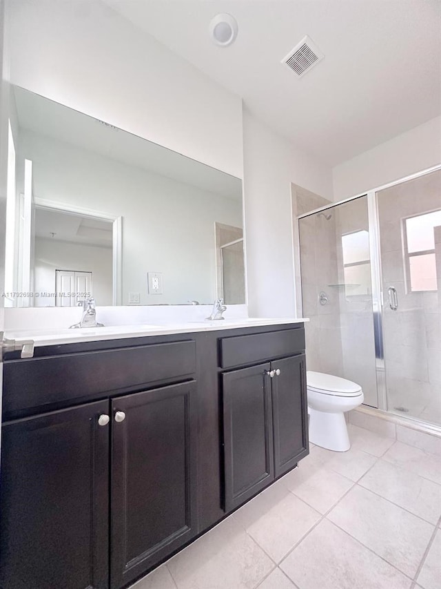 full bathroom featuring vanity, toilet, tile patterned floors, visible vents, and a stall shower