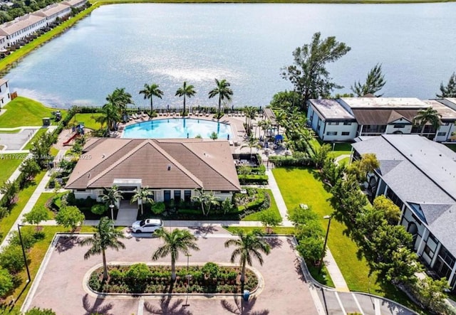 aerial view featuring a water view