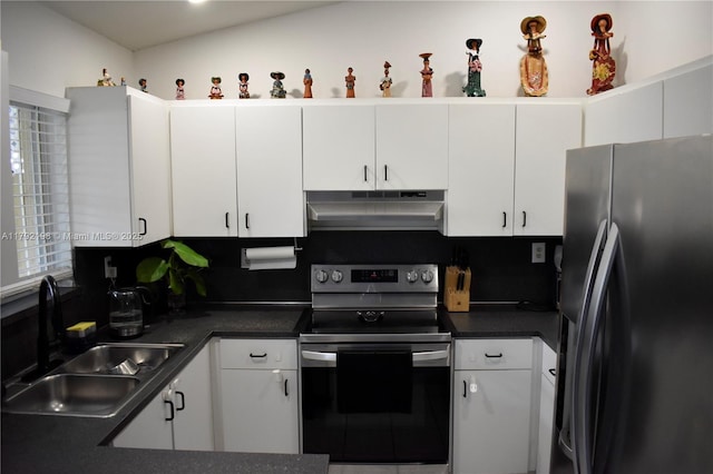 3240 W 70th St Unit 101, Hialeah, FL 33018 - kitchen featuring under cabinet range hood, white cabinets, stainless steel electric stove, fridge with ice dispenser, and a sink