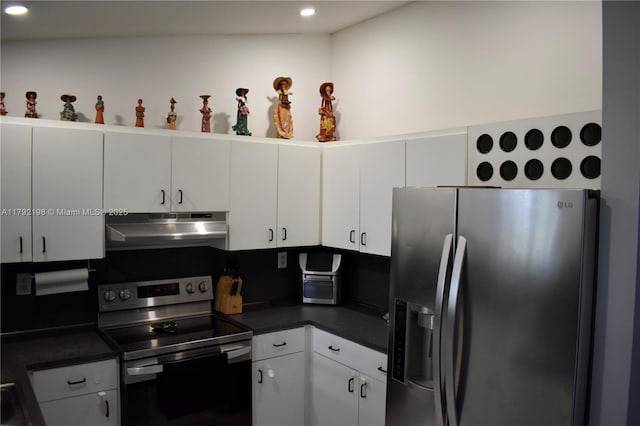 3240 W 70th St Unit 101, Hialeah, FL 33018 - kitchen featuring white cabinets, dark countertops, appliances with stainless steel finishes, recessed lighting, and under cabinet range hood