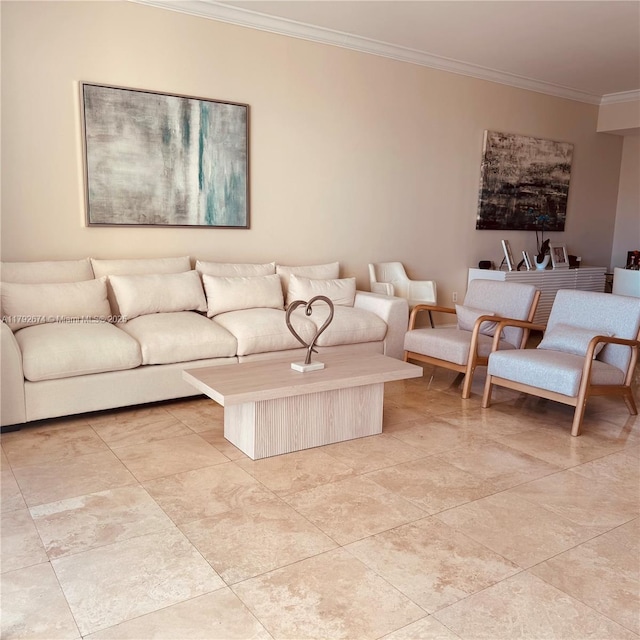 living room featuring crown molding