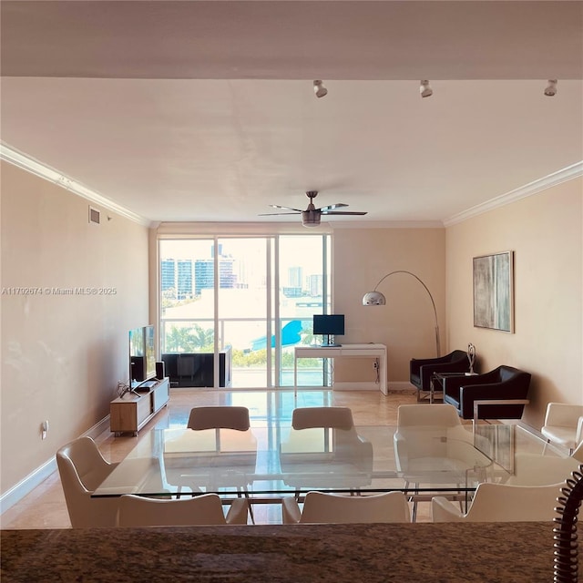 3330 NE 190th St Unit 716, Aventura, FL 33180 - interior space with crown molding, baseboards, ceiling fan, and floor to ceiling windows