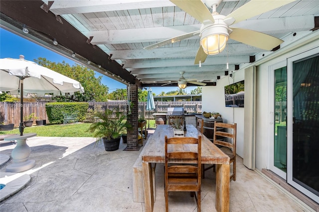 view of patio / terrace featuring outdoor dining area, a fenced backyard, and ceiling fan