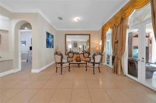 7761 SW 122nd Ave, Miami, FL 33183 - living area with french doors, arched walkways, crown molding, light tile patterned floors, and baseboards