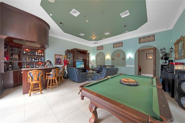 7761 SW 122nd Ave, Miami, FL 33183 - recreation room with a raised ceiling, arched walkways, tile patterned floors, a dry bar, and billiards