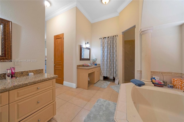 7761 SW 122nd Ave, Miami, FL 33183 - full bathroom featuring crown molding, decorative columns, a bath, vanity, and tile patterned flooring