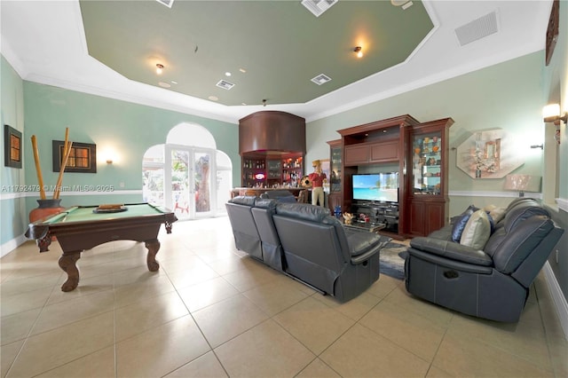 7761 SW 122nd Ave, Miami, FL 33183 - game room featuring billiards table, light tile patterned flooring, a raised ceiling, crown molding, and baseboards