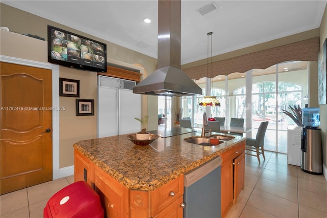7761 SW 122nd Ave, Miami, FL 33183 - kitchen with a sink, dishwasher, island range hood, light tile patterned flooring, and stone countertops
