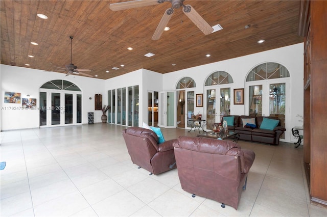 7761 SW 122nd Ave, Miami, FL 33183 - living area featuring ceiling fan, french doors, wood ceiling, recessed lighting, and light tile patterned flooring