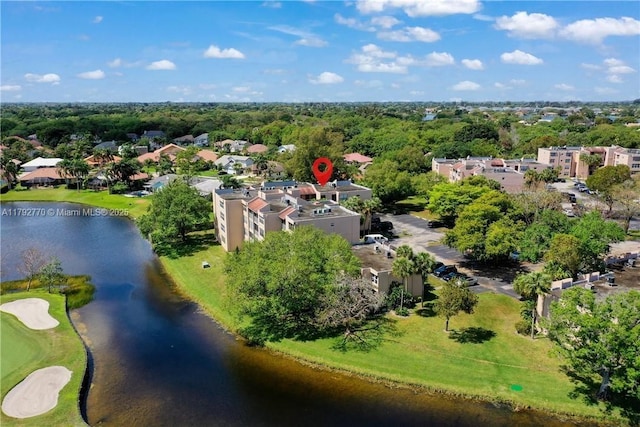 aerial view featuring view of golf course and a water view