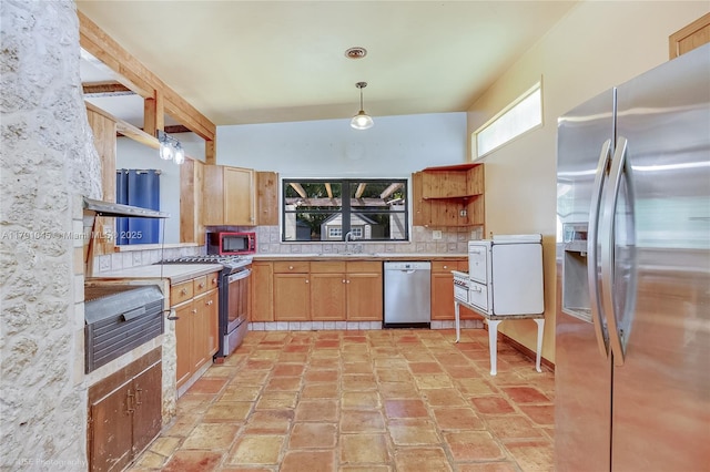 kitchen with open shelves, light countertops, a sink, backsplash, and stainless steel appliances