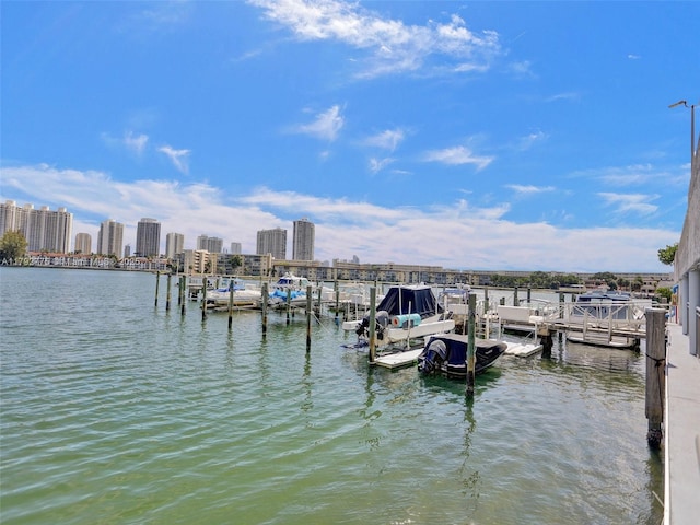 view of dock featuring a view of city and a water view