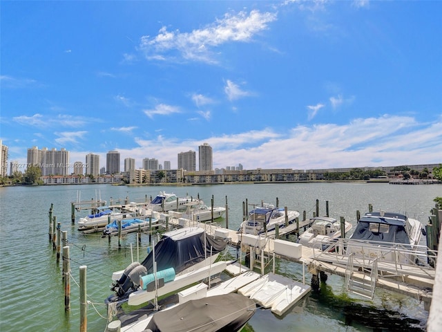 view of dock featuring a view of city and a water view