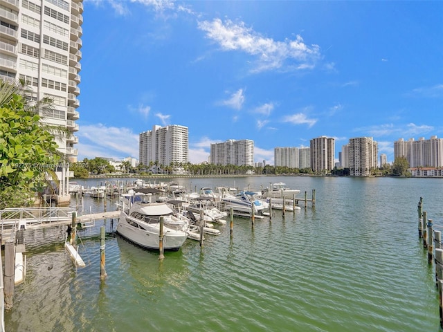 dock area featuring a water view and a view of city