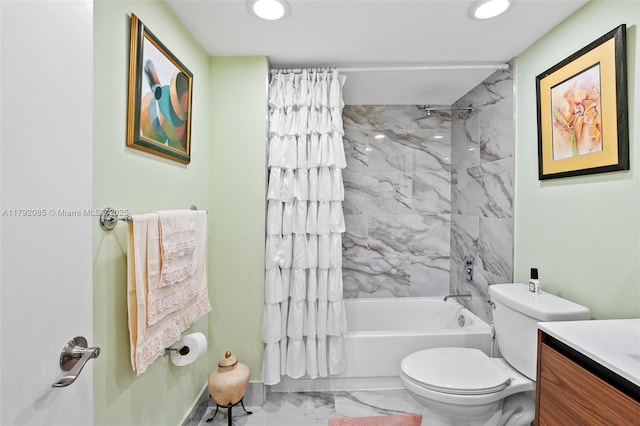full bath featuring vanity, toilet, marble finish floor, shower / bathtub combination, and recessed lighting