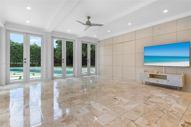 unfurnished living room with french doors, recessed lighting, marble finish floor, and ceiling fan