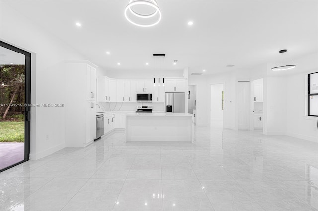unfurnished living room with baseboards, recessed lighting, and light tile patterned flooring