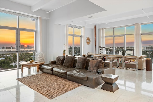 living room featuring beamed ceiling