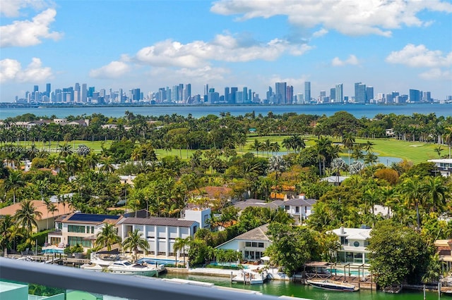 bird's eye view with a city view and a water view
