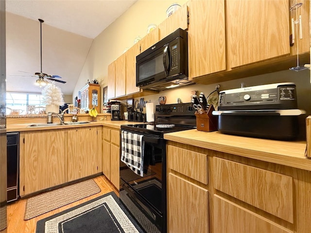 kitchen featuring a sink, black appliances, and light brown cabinets