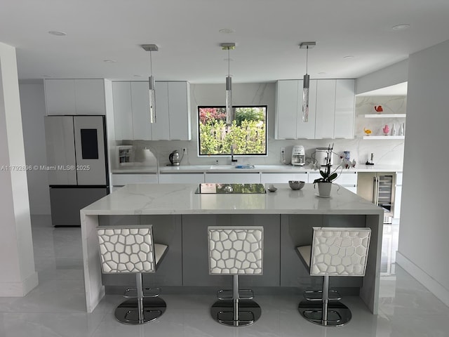 6711 SW 127th Pl, Miami, FL 33183 - kitchen with open shelves, a sink, decorative backsplash, refrigerator, and modern cabinets